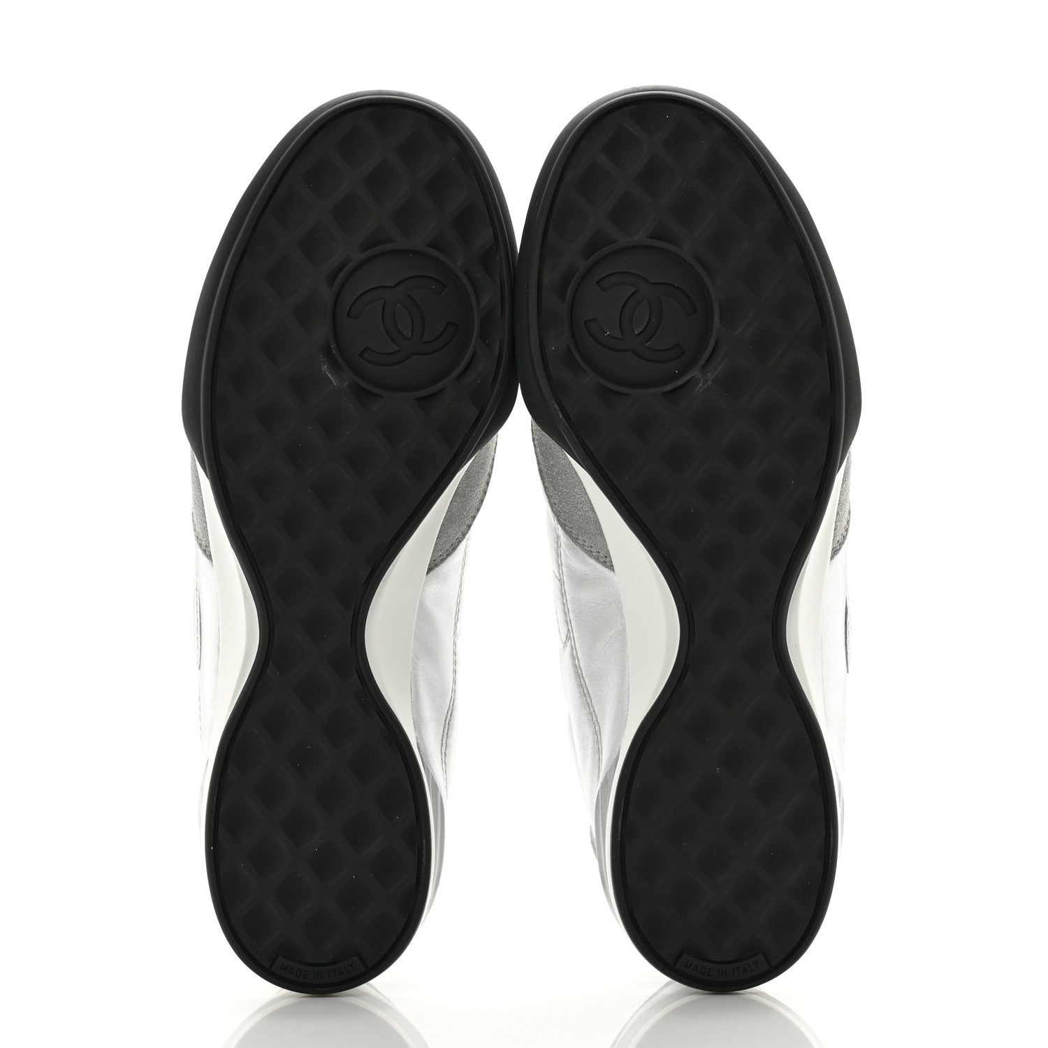 Chanel Laminated Calfskin Suede Quilted Womens CC Sneakers 39 Silver White Gray 5 of 9