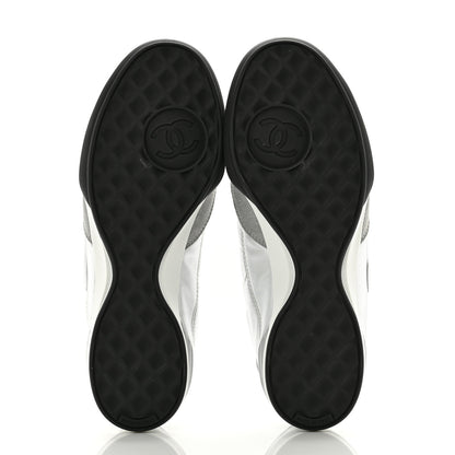 Chanel Laminated Calfskin Suede Quilted Womens CC Sneakers 39 Silver White Gray 5 of 9