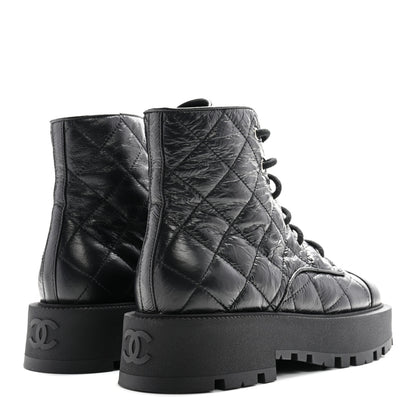 Chanel Crumpled Lambskin Quilted Platform Lace Up Combat Boots 39 Black 5 of 10