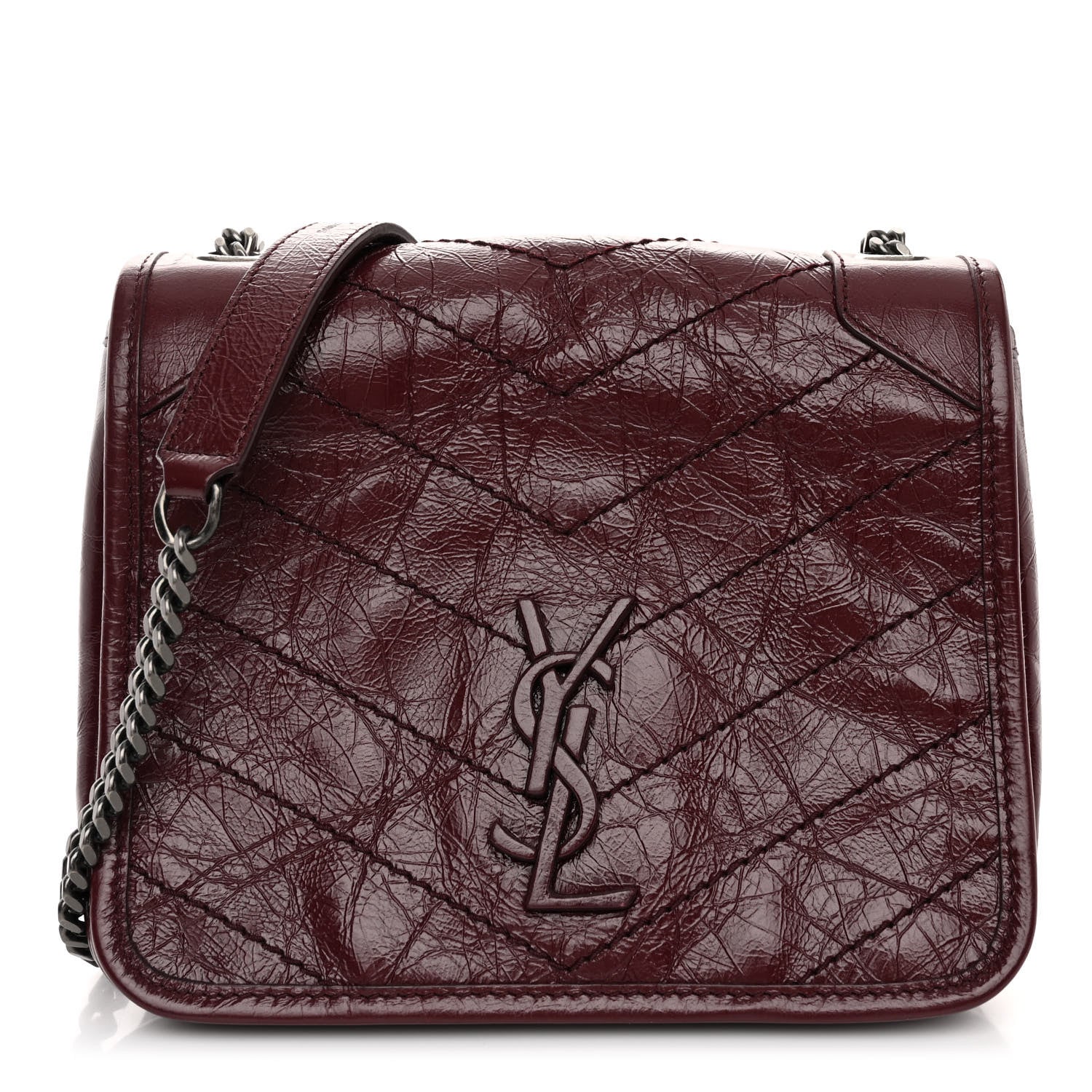 Saint Laurent SAINT LAURENT Crinkled Calfskin Matelasse Monogram Niki Chain Wallet Dark Legion Red 1 of 9
