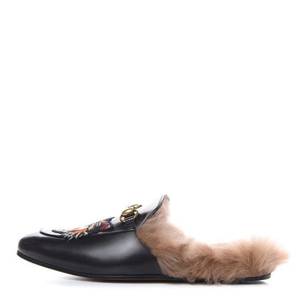 Gucci Calfskin Fur Angry Cat Embroidered Mens Princetown Slippers 7 Black 1 of 9