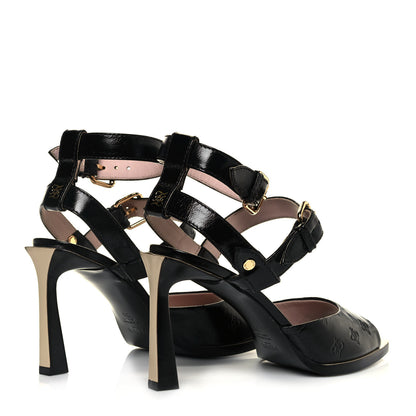 Fendi Vitello Karligraphy Embossed FFrame Ankle Strap Sandals 38 Black 4 of 8
