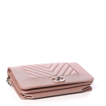 Chanel Metallic Caviar Chevron Quilted Vintage Mademoiselle Wallet On Chain WOC Pink 3 of 11