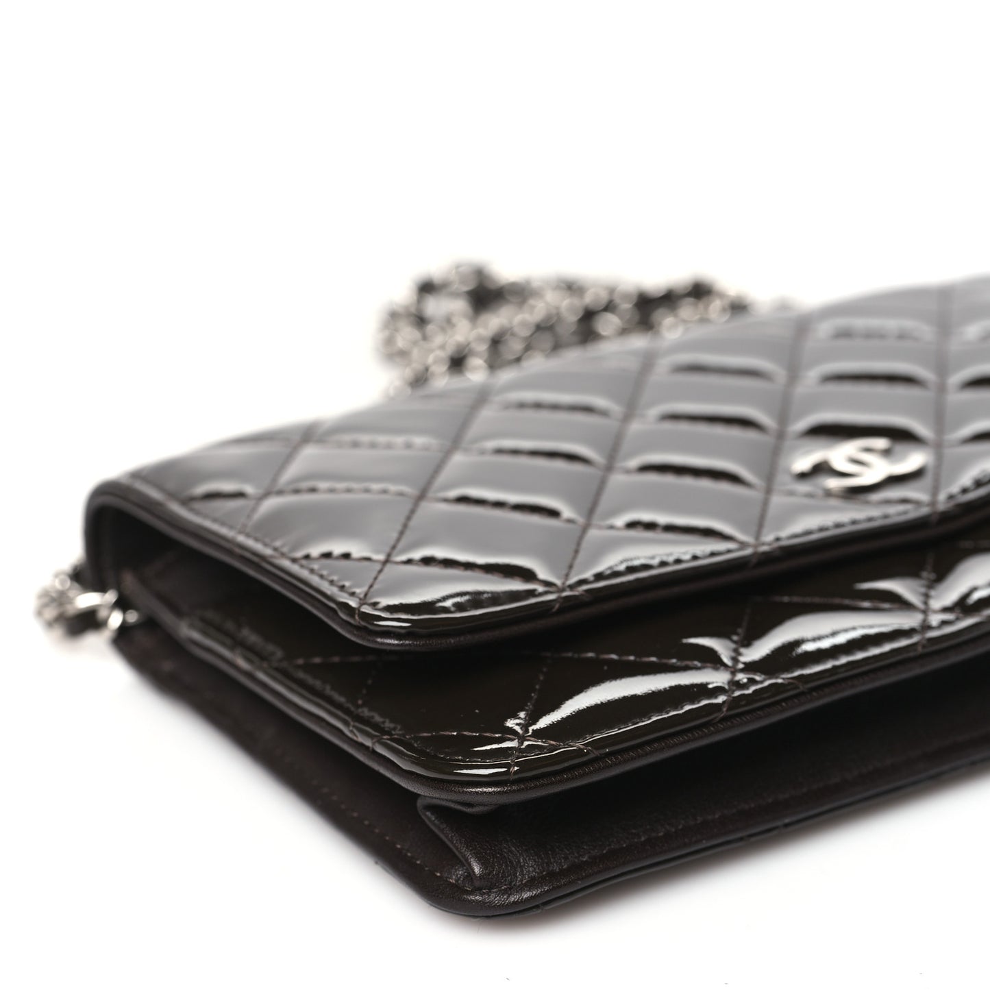Patent Quilted Wallet On Chain WOC Dark Brown