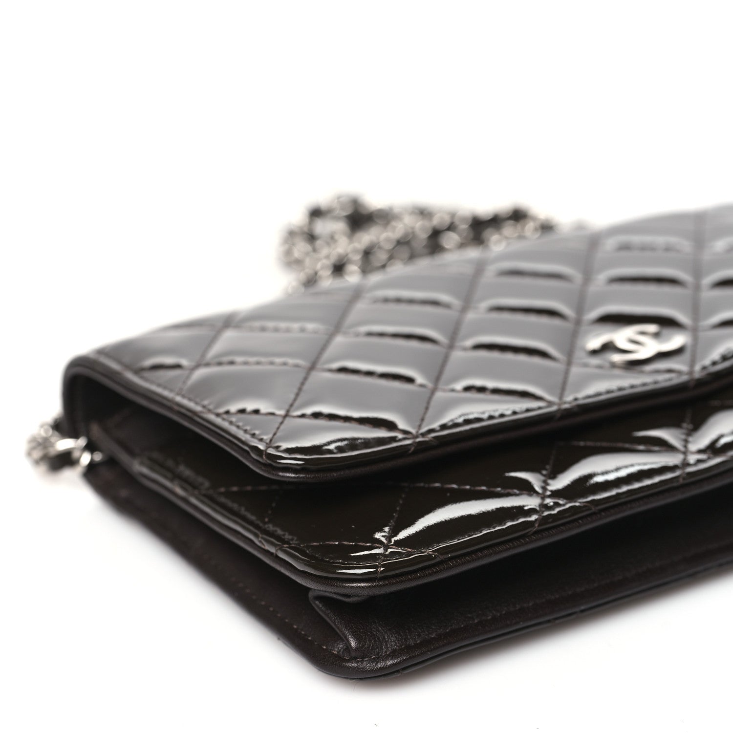 Chanel Patent Quilted Wallet On Chain WOC Dark Brown 10 of 12