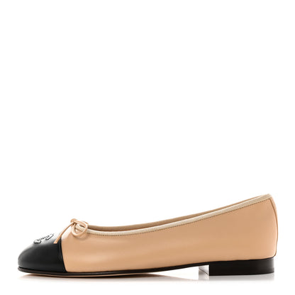 Chanel Lambskin Cap Toe CC Ballerina Flats 36 Beige Black 1 of 9