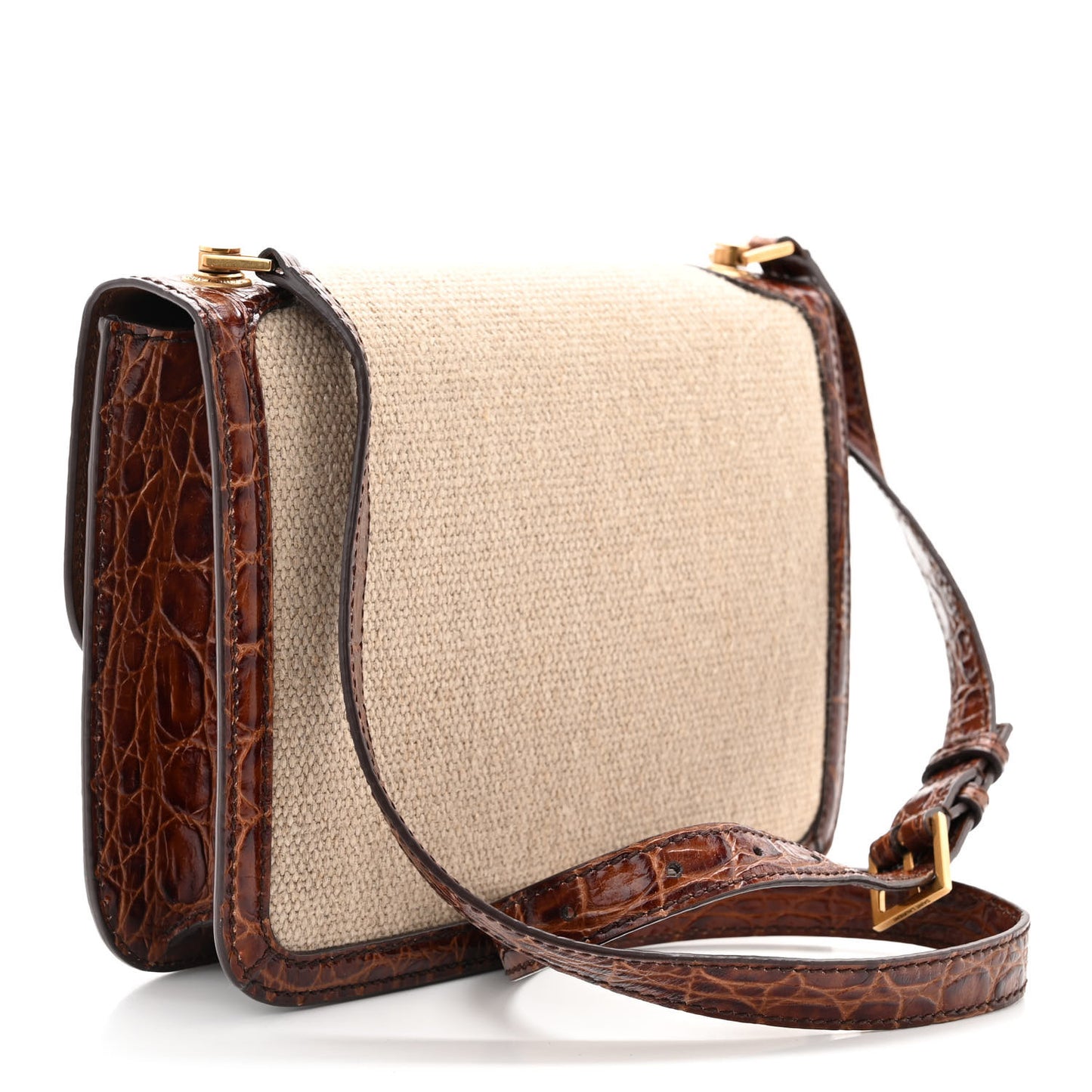 Linen Canvas Crocodile Embossed Carre Satchel Natural Brown