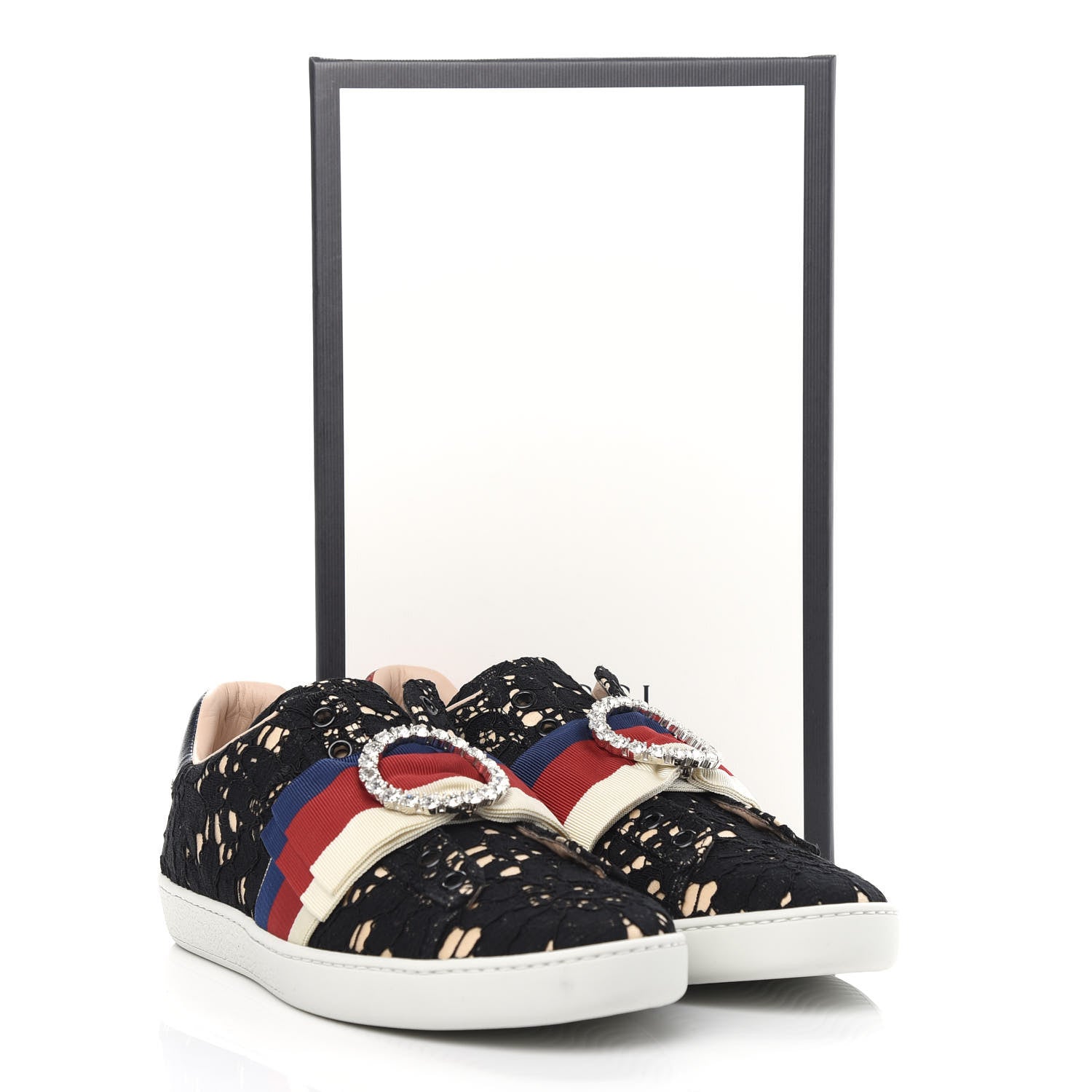 Gucci Lace Crystal Sylvie Web Flower Leaf Womens Ace Sneakers 37.5 Black Tan Beige 11 of 11