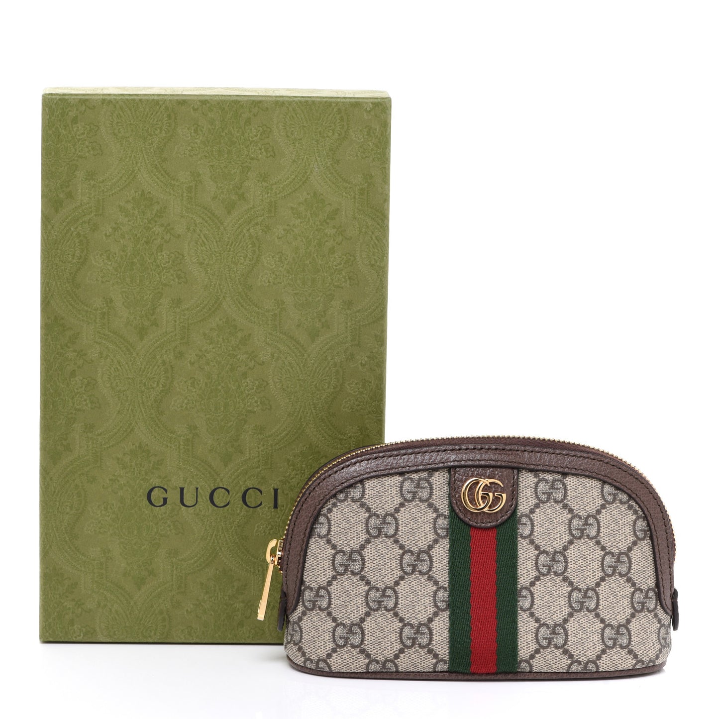 GG Supreme Monogram Textured Calfskin Web Medium Ophidia Cosmetic Case Beige Ebony New Acero