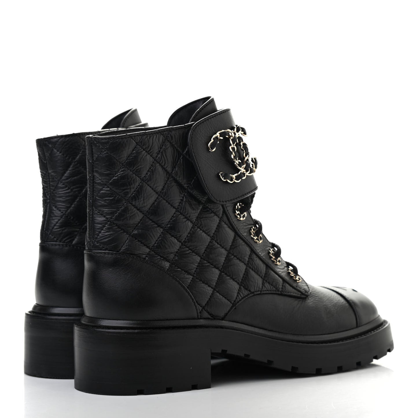 Shiny Goatskin Calfskin Quilted Lace Up Combat Boots 39 Black