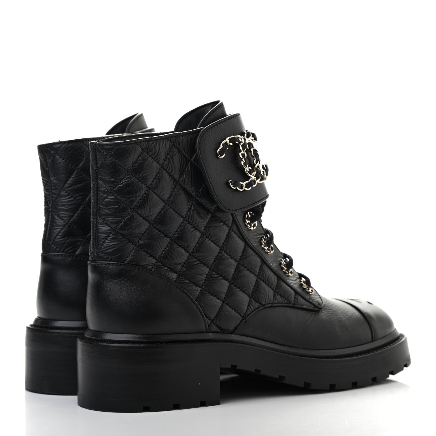Chanel Shiny Goatskin Calfskin Quilted Lace Up Combat Boots 39 Black 4 of 7
