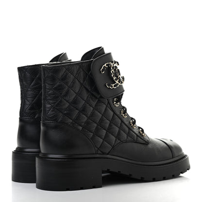 Chanel Shiny Goatskin Calfskin Quilted Lace Up Combat Boots 39 Black 4 of 7