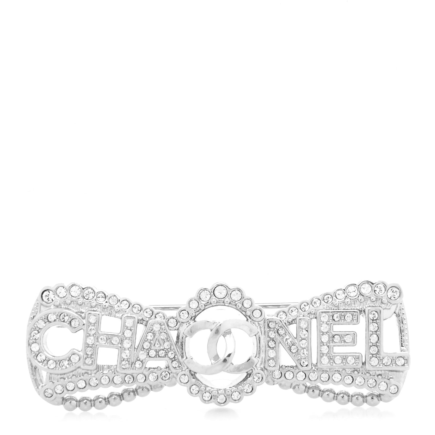 Metal Crystal CC Logo Bow Brooch Silver