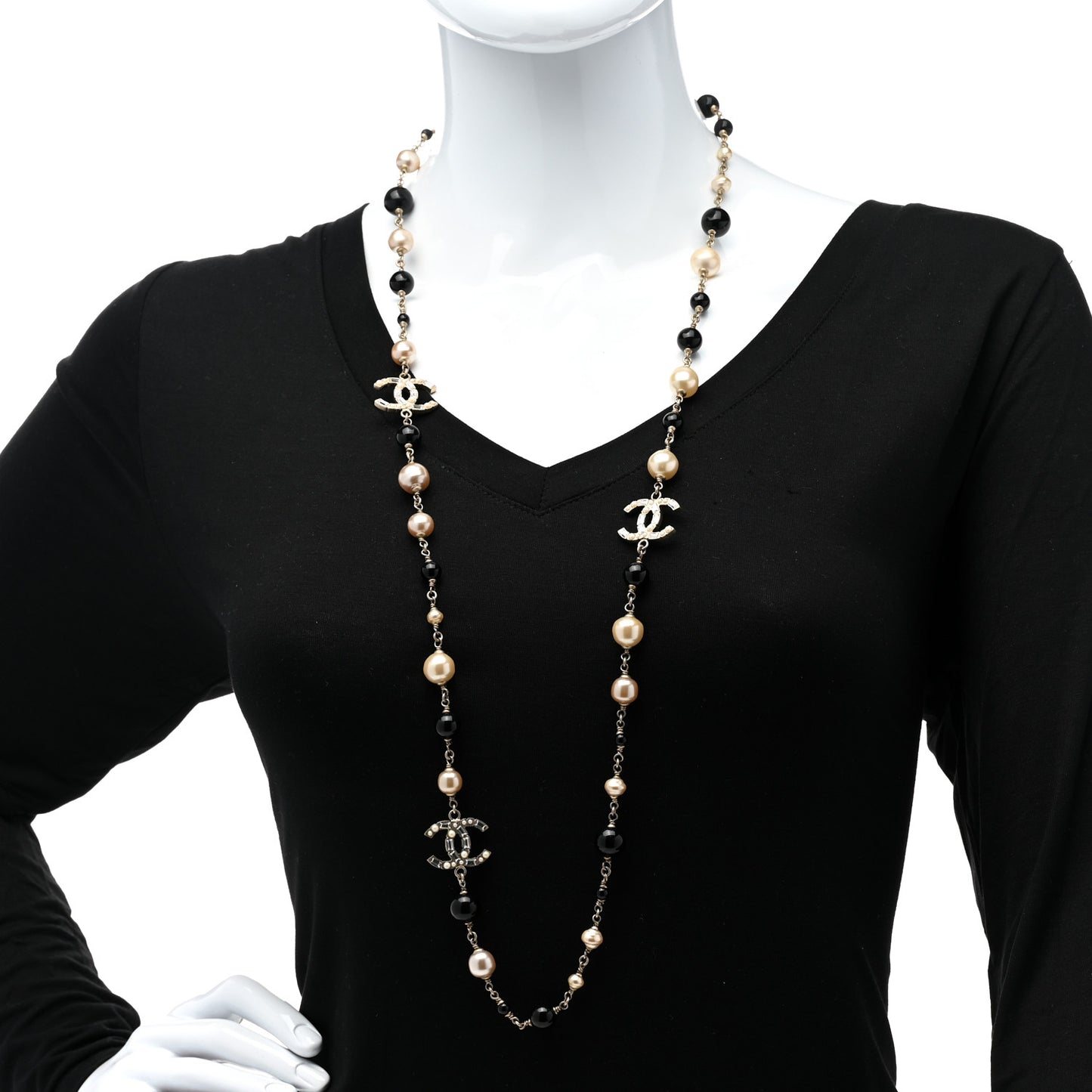 Pearl Crystal Baguette Beaded CC Long Necklace Black Gold