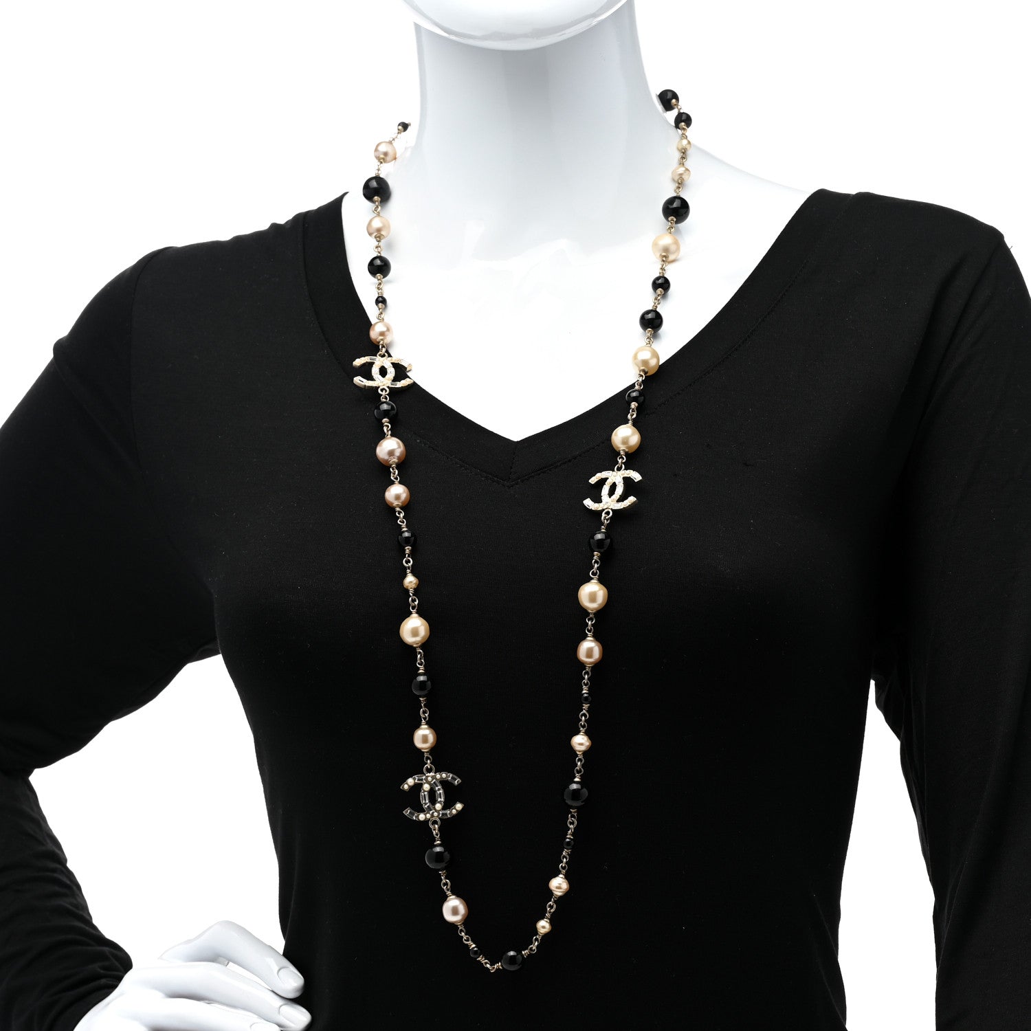 Chanel Pearl Crystal Baguette Beaded CC Long Necklace Black Gold 2 of 6