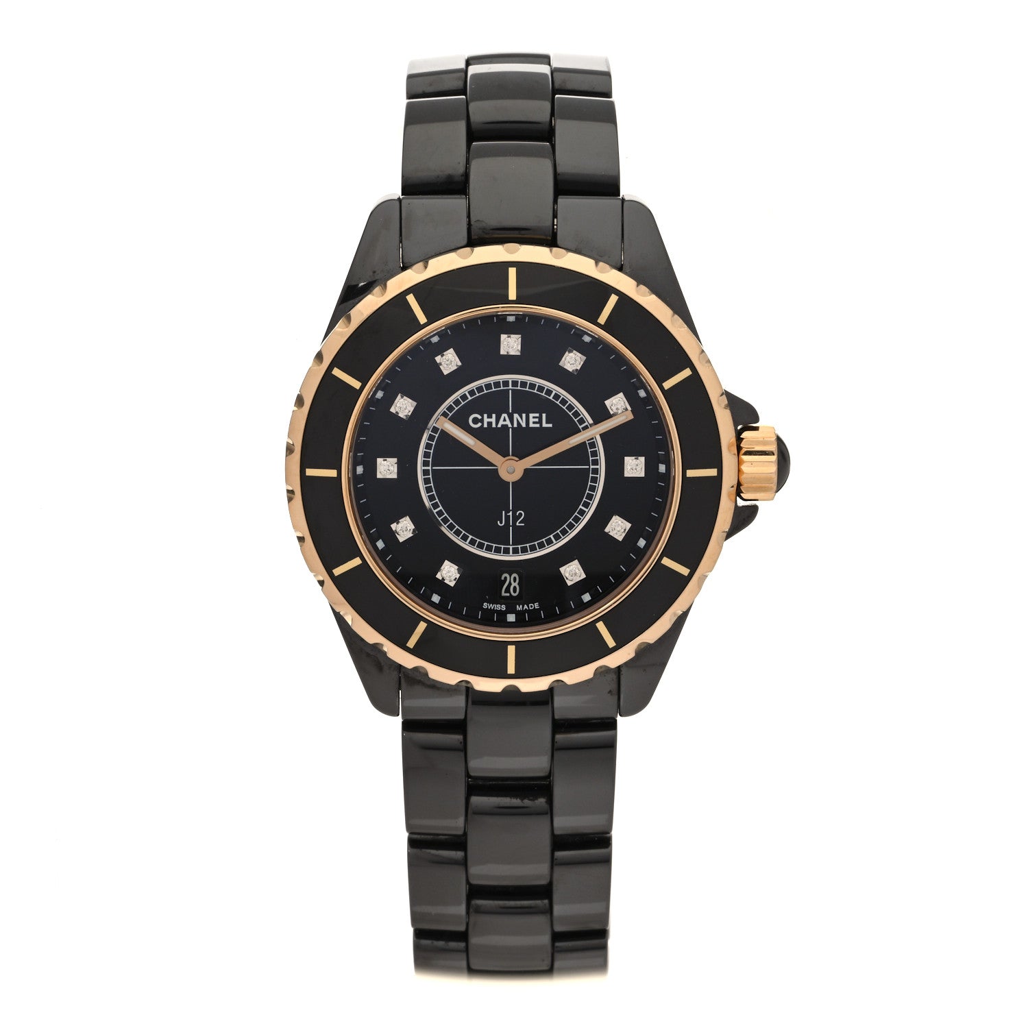 Chanel Stainless Steel 18K Yellow Gold Ceramic Diamond 38mm J12 Quartz Watch Black 1 of 5