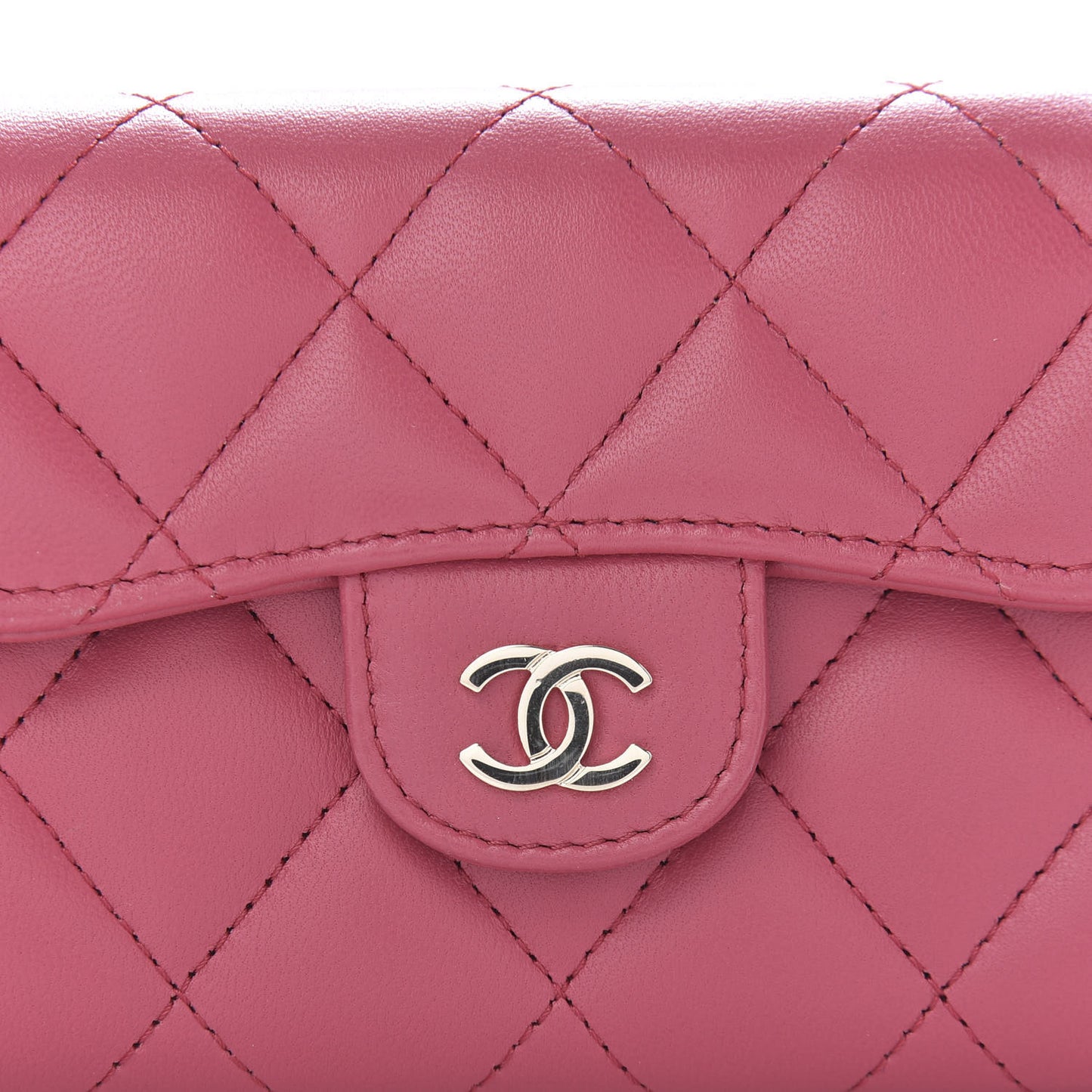 Lambskin Quilted Flap Card Holder Wallet Dark Pink