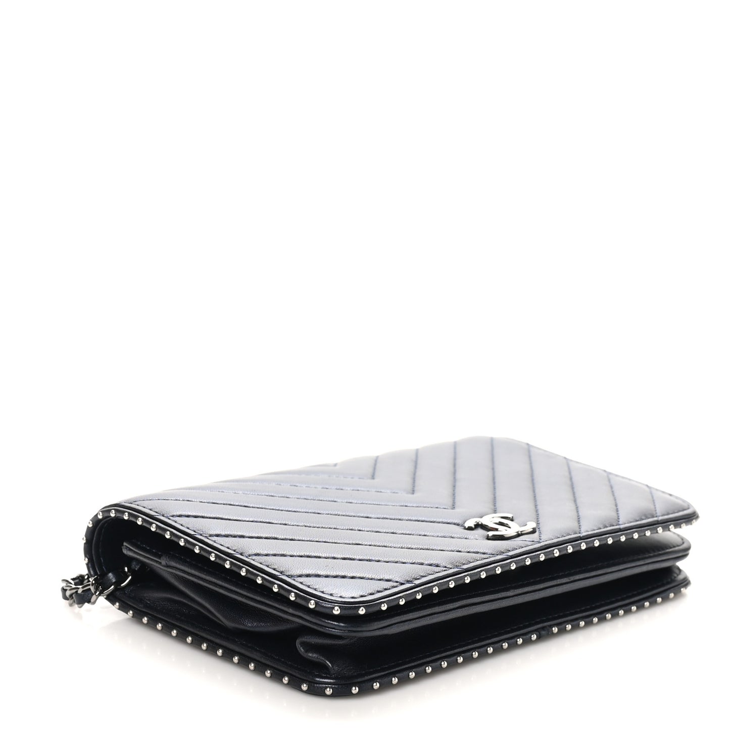 Lambskin Chevron Quilted Studded Wallet On Chain WOC Navy
