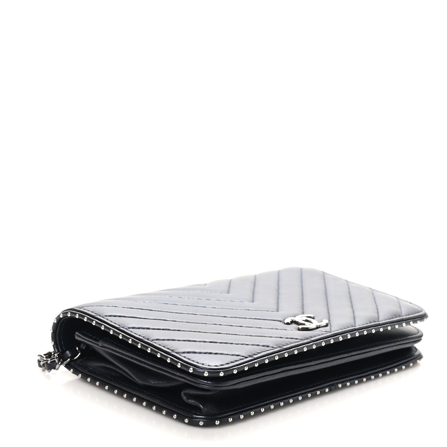 Chanel Lambskin Chevron Quilted Studded Wallet On Chain WOC Navy 4 of 13