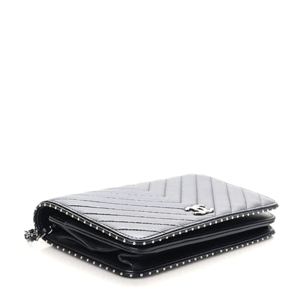 Chanel Lambskin Chevron Quilted Studded Wallet On Chain WOC Navy 4 of 13