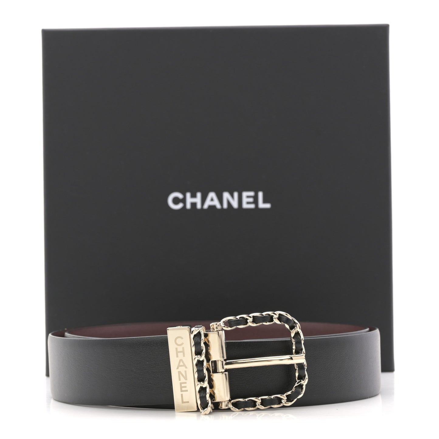 Calfskin Lambskin Metal Chain Reversible Belt 80 32 Black Burgundy