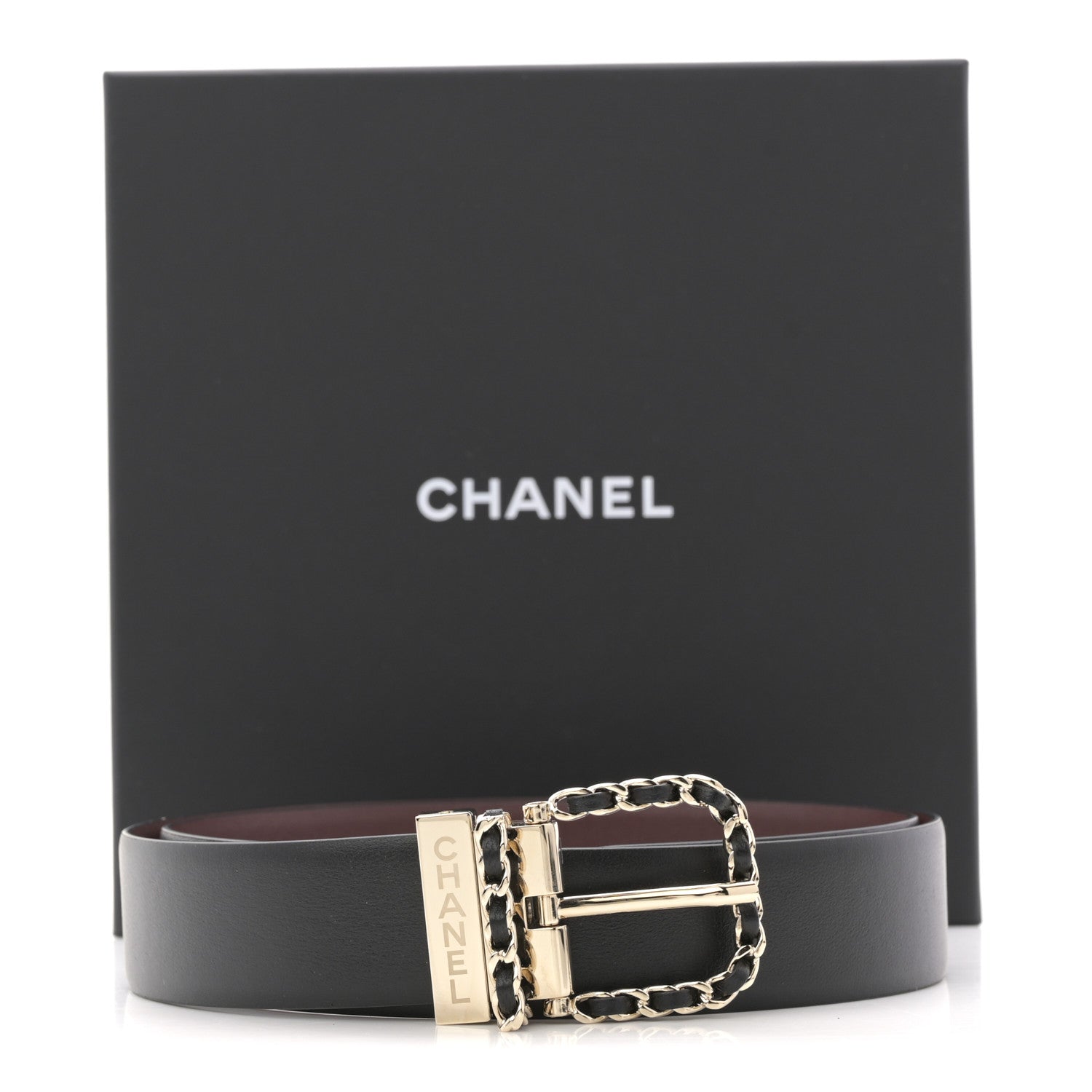 Chanel Calfskin Lambskin Metal Chain Reversible Belt 80 32 Black Burgundy 6 of 6