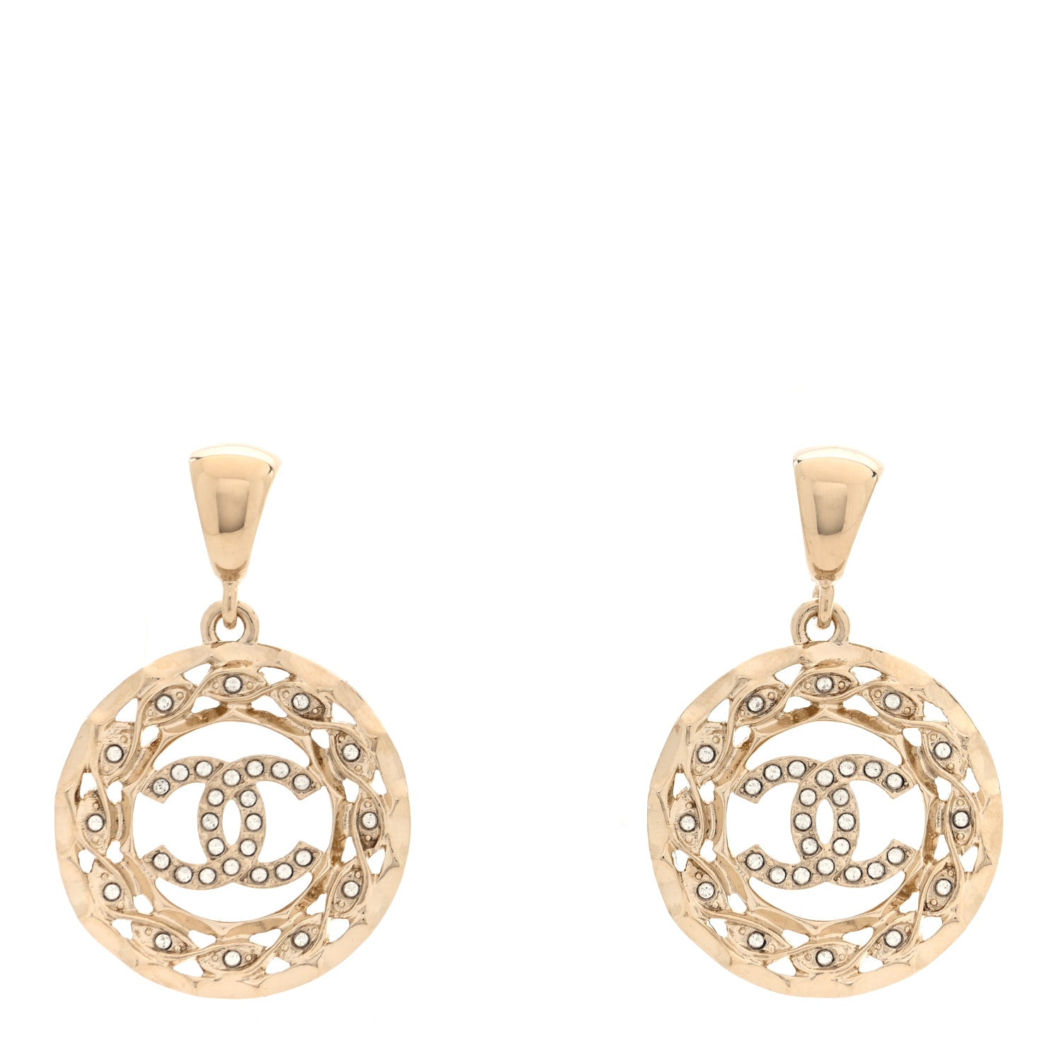 Chanel Crystal CC Round Drop Earrings Gold 1 of 5