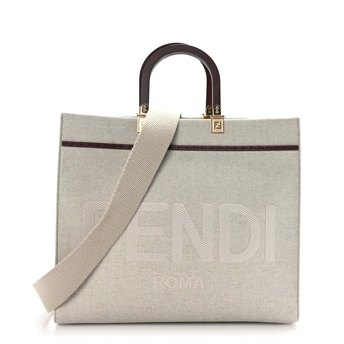 Canvas Vitello King Logo Embroidered Medium Fendi Sunshine Shopper Tote Grezzo Ghianda