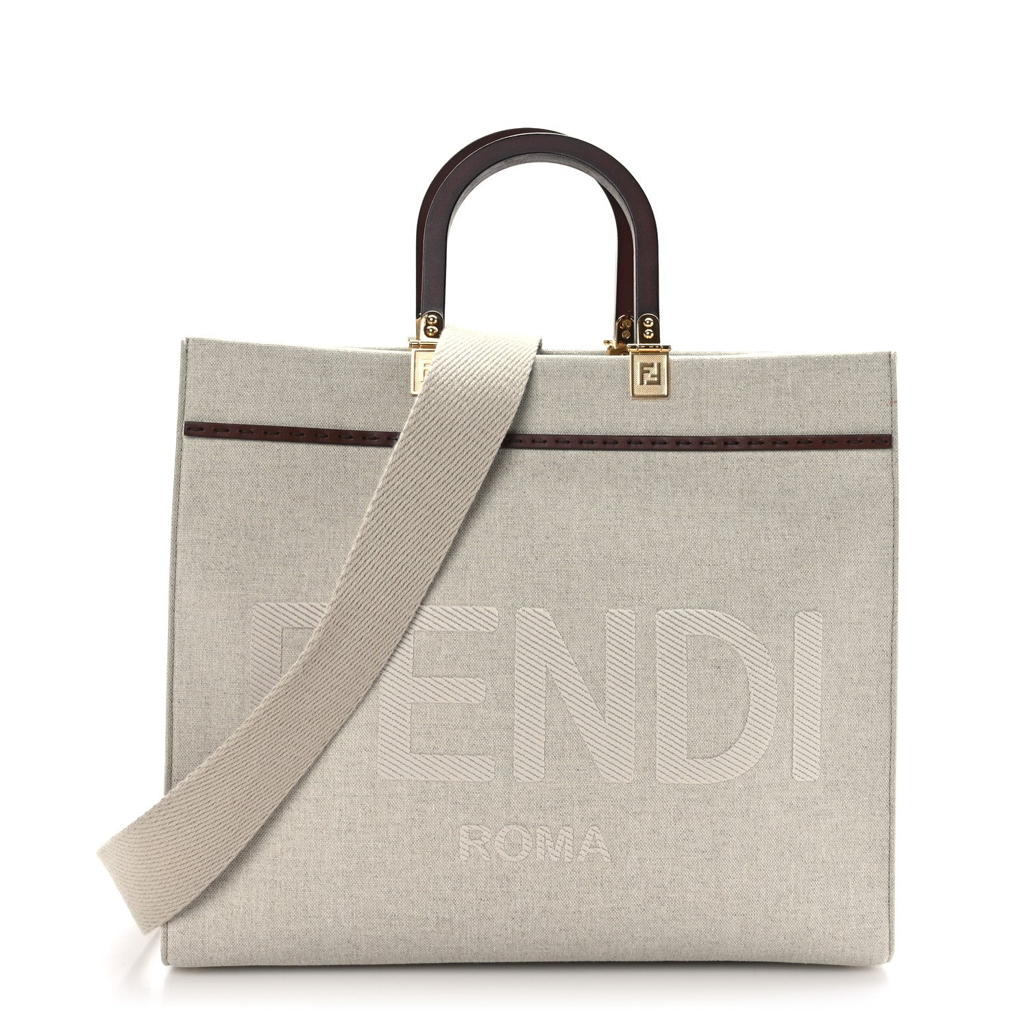 Fendi Canvas Vitello King Logo Embroidered Medium Fendi Sunshine Shopper Tote Grezzo Ghianda 1 of 9