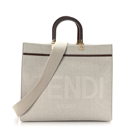 Fendi Canvas Vitello King Logo Embroidered Medium Fendi Sunshine Shopper Tote Grezzo Ghianda 1 of 9