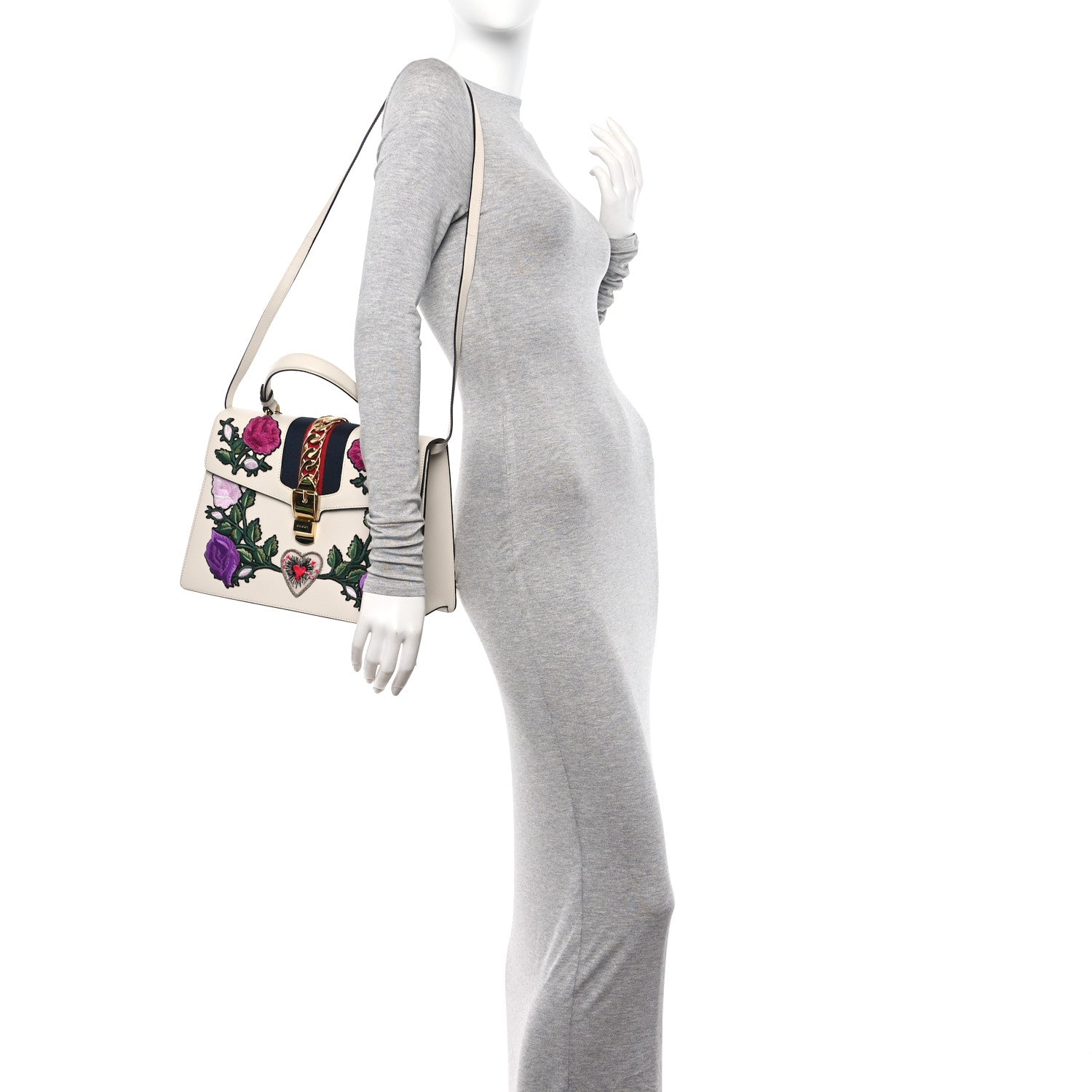 Gucci Calfskin Embroidered Medium Sylvie Top Handle Bag White 2 of 11