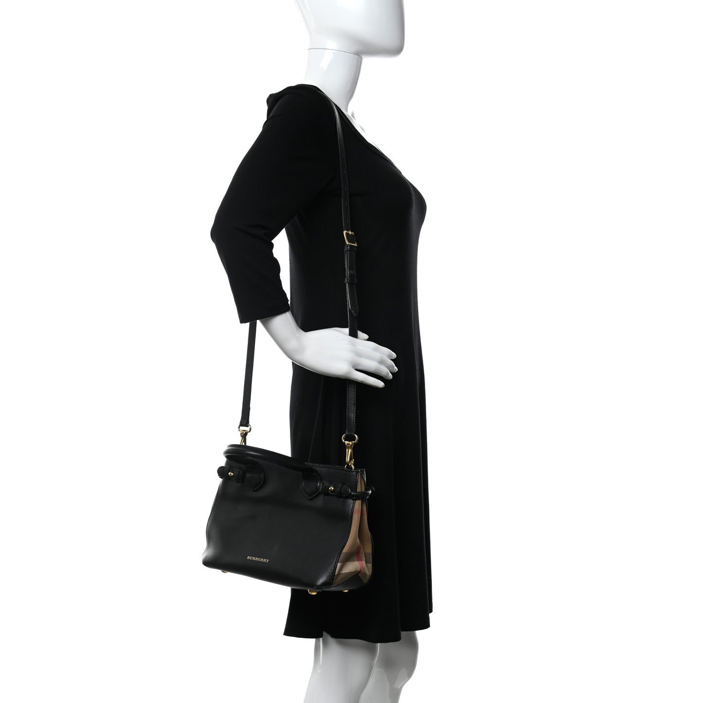 Calfskin House Check Small Banner Tote Black