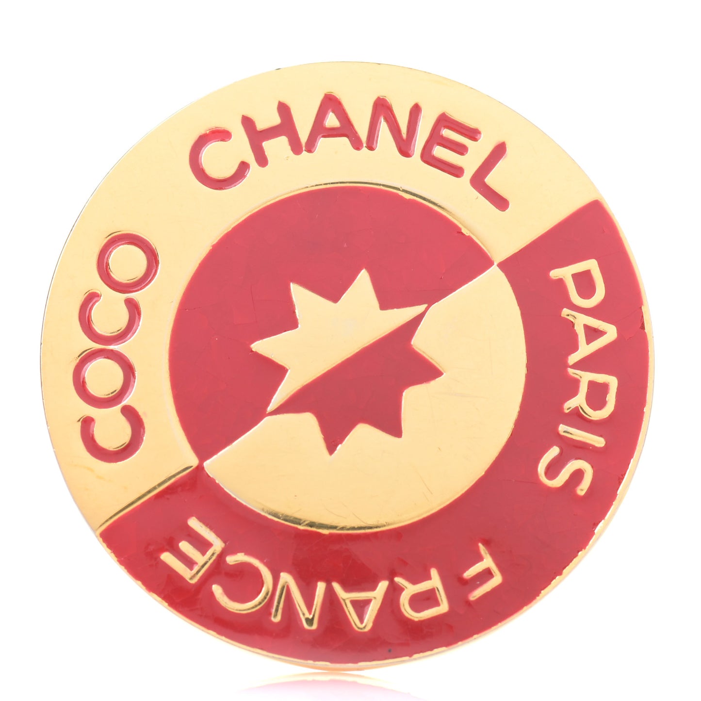 Enamel Coco Paris CC Pin Brooch Red Gold