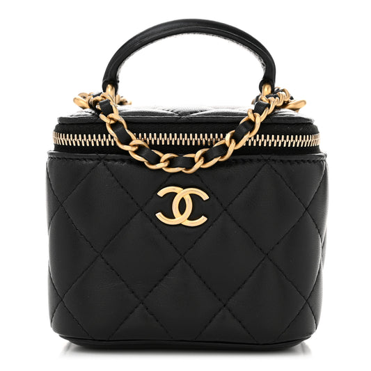 Lambskin Quilted Top Handle Mini Vanity Case With Chain Black