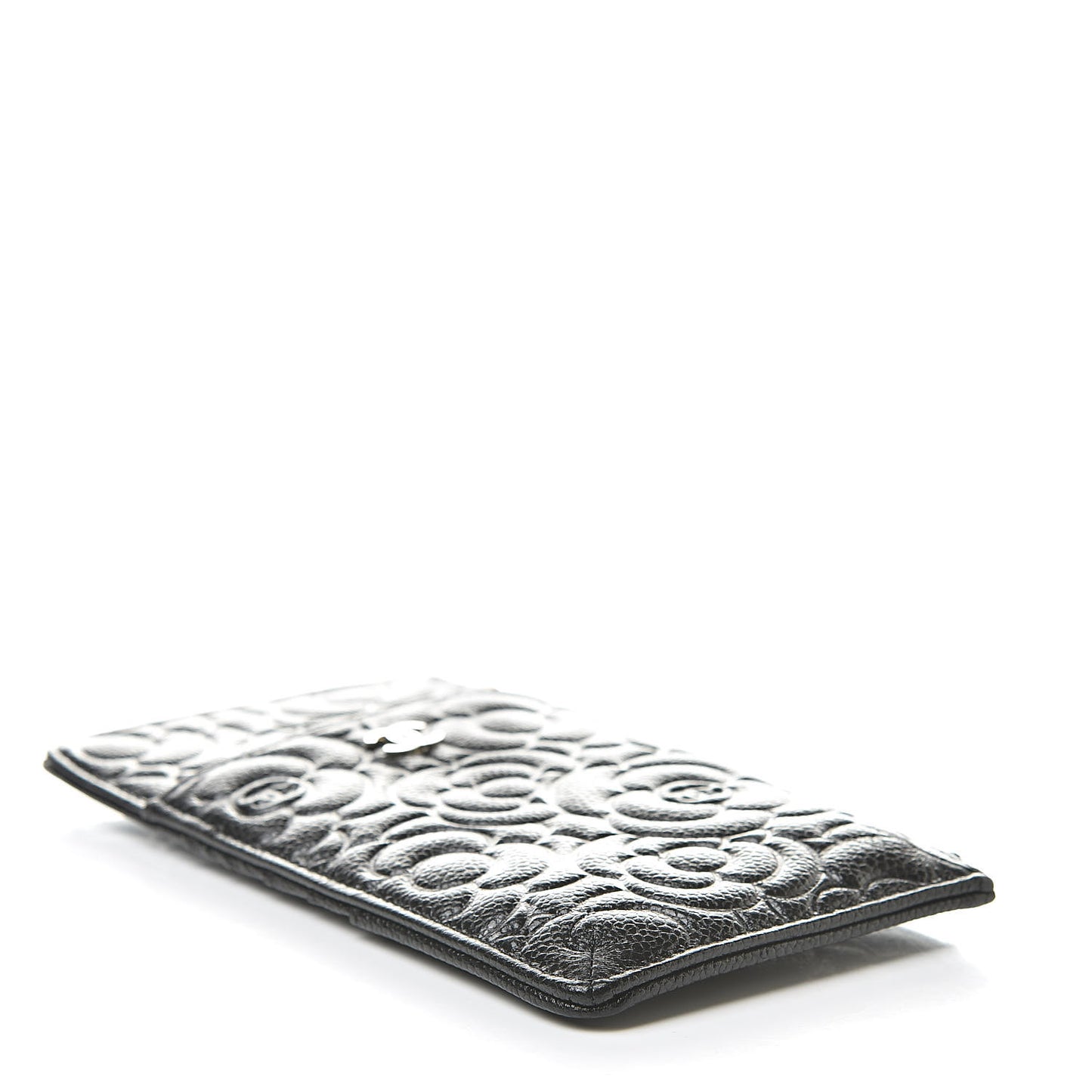 Caviar Camellia Embossed Classic Flat Wallet Pouch Black