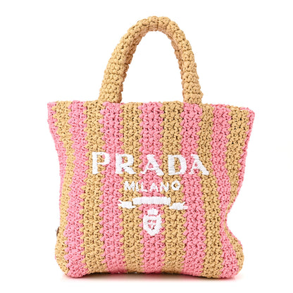 Prada Yarn Raffia Effect Crochet Striped Small Logo Tote Naturale Petalo 1 of 9