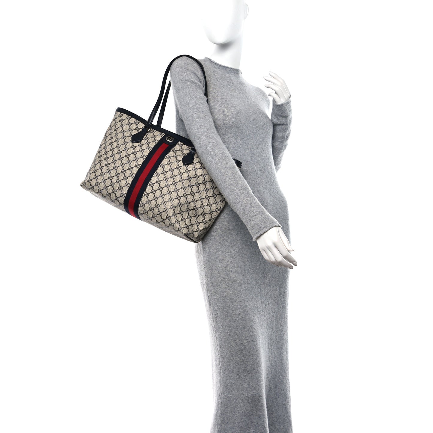 GG Supreme Monogram Textured Calfskin Web Medium Ophidia Shopping Tote Beige Blue