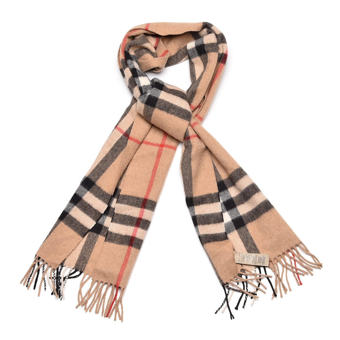 Cashmere Giant Check Fringe Scarf Camel