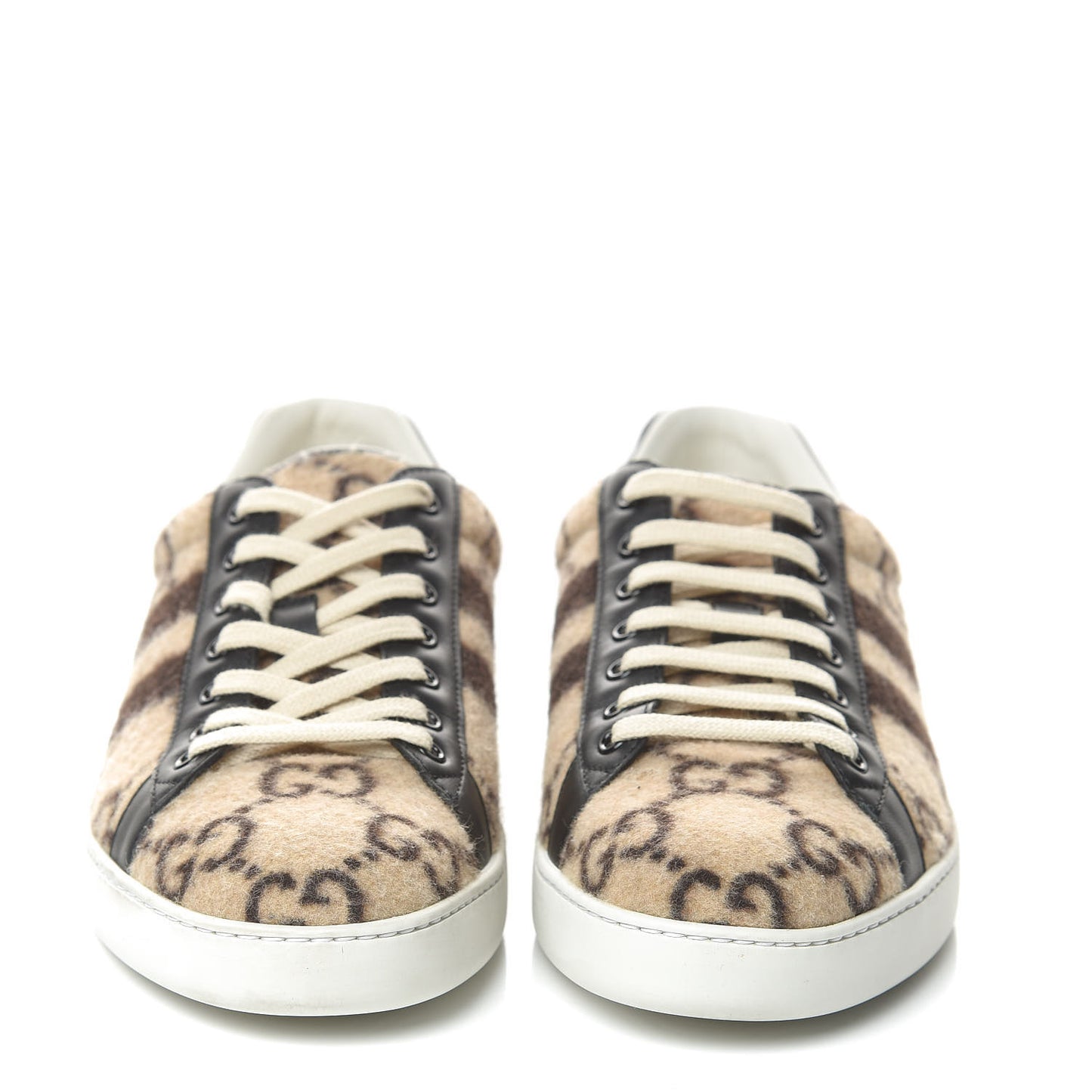 Covered Wool Miro Soft Calfskin Big GG Monogram Mens Sneakers 10 Beige Ebony Black