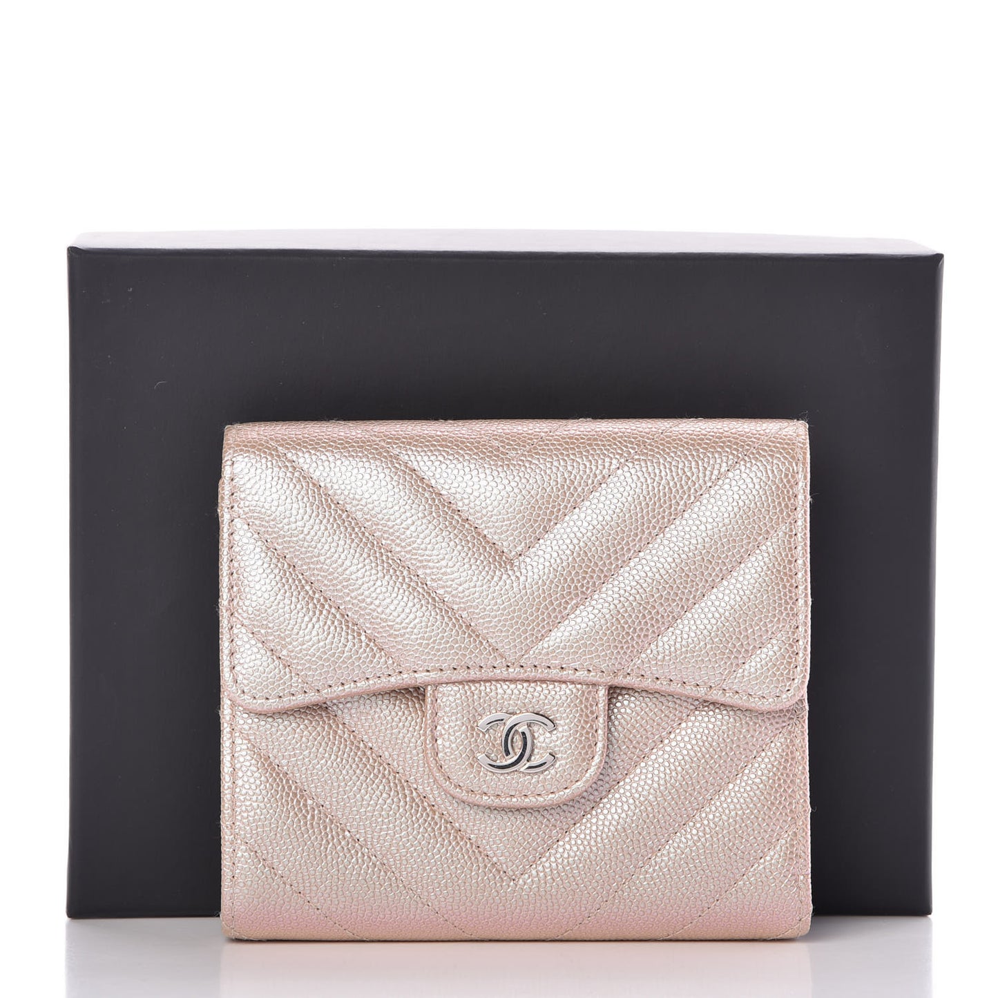 Metallic Caviar Chevron Quilted Compact Flap Wallet Light Gold