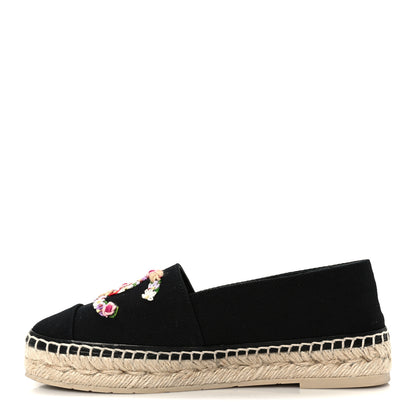 Chanel Cotton Embroidered Floral CC Espadrilles 37 Black 1 of 11