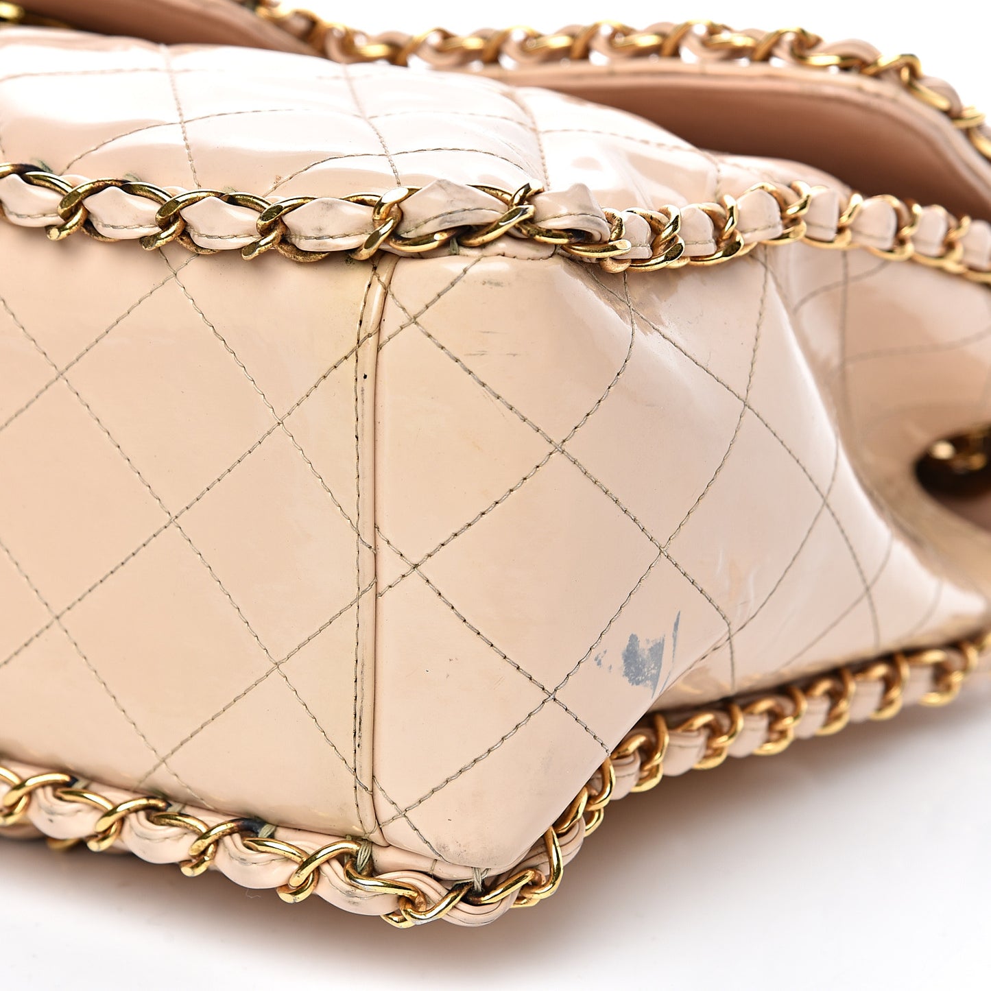 Patent Quilted Jumbo XL Chain Around Flap Beige