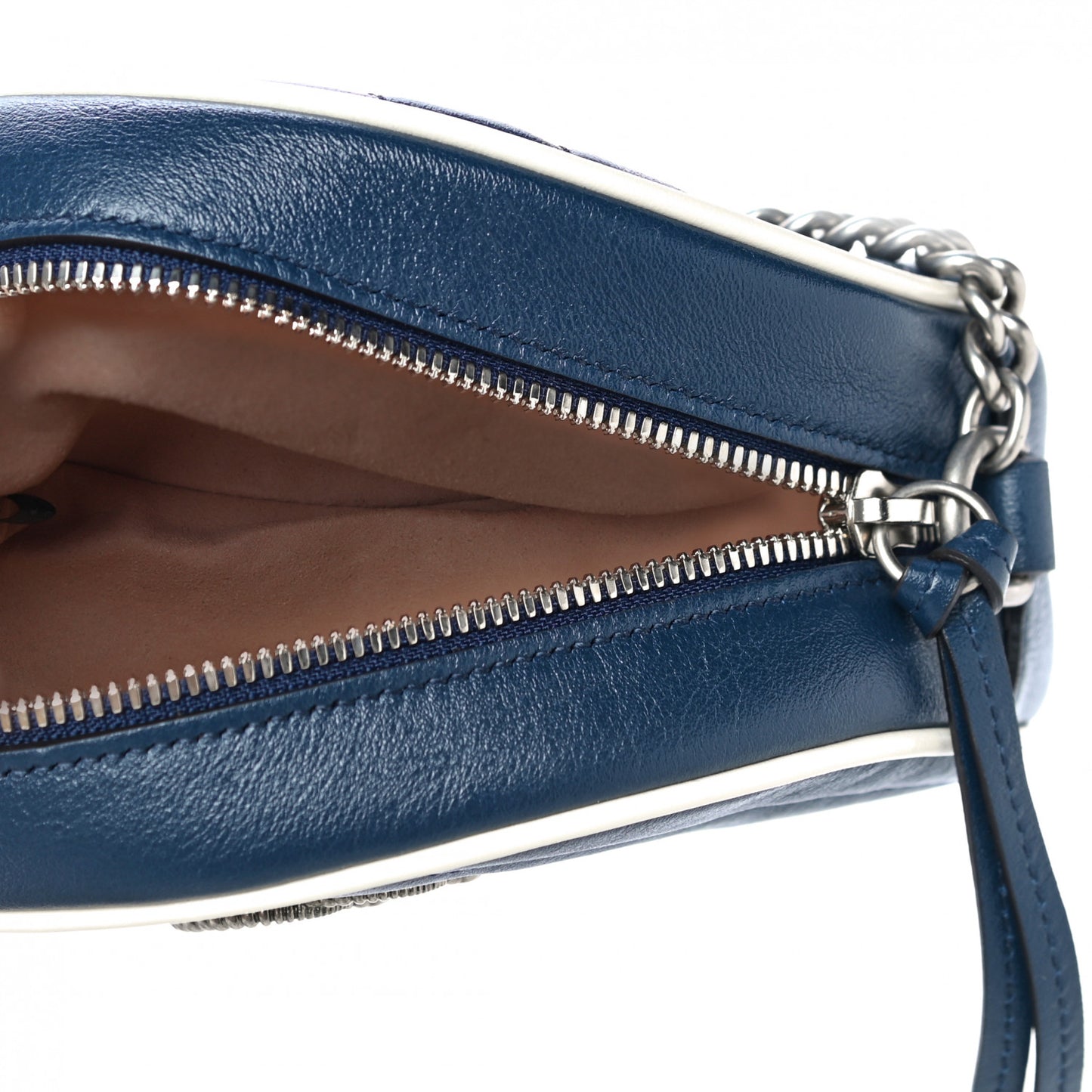Azalea Calfskin Matelasse Diagonal Mini Torchon GG Marmont Round Shoulder Bag Blue Agata Mystic White