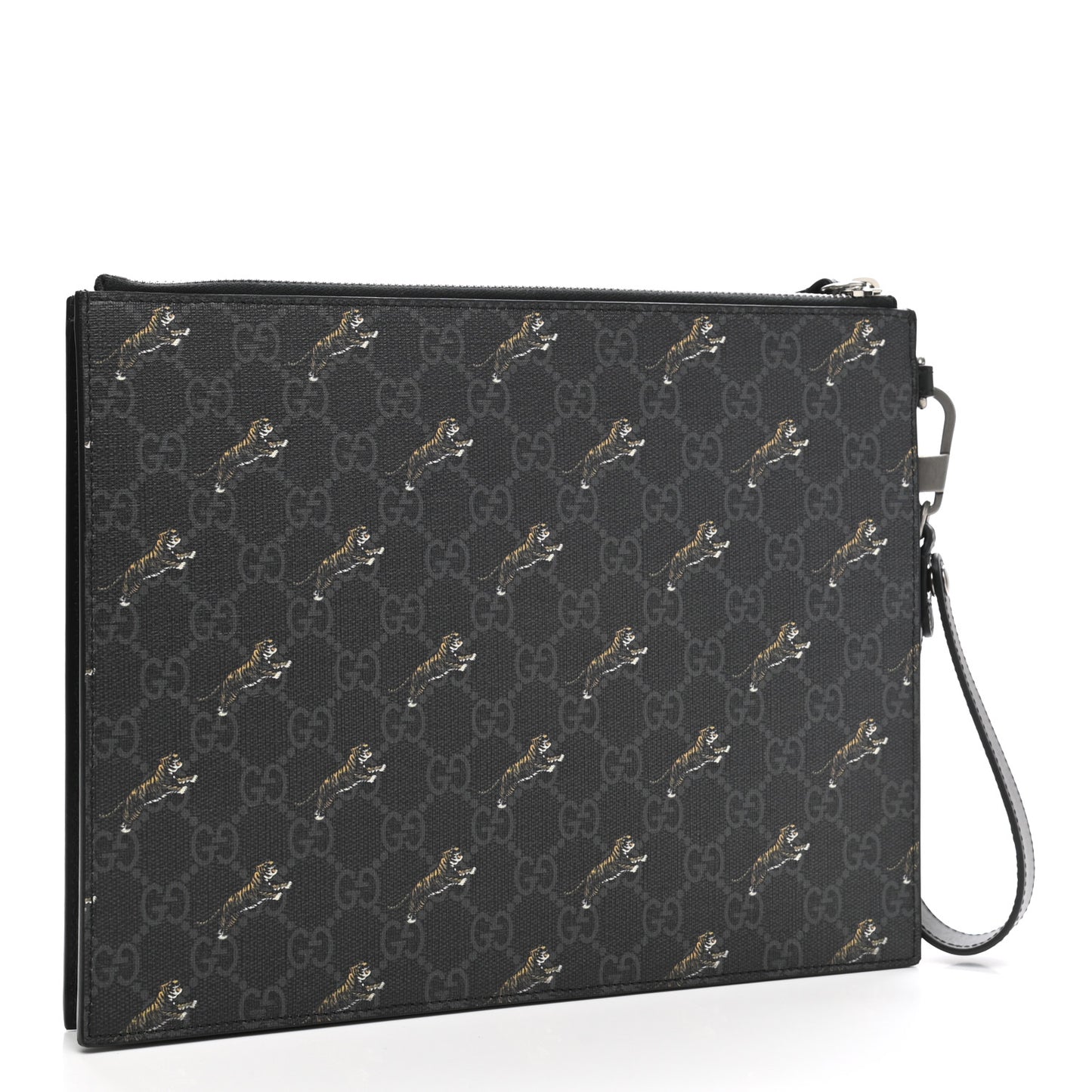 GG Supreme Monogram Tigers Zip Wristlet Pouch Black