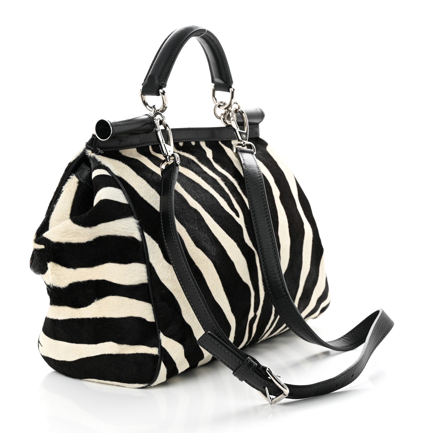 Dolce & Gabbana Calf Hair Zebra Print Large Miss Sicily Satchel Black White 3 of 13