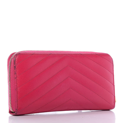 Saint Laurent Grain De Poudre Matelasse Chevron Monogram Zip Around Wallet Fuchsia 3 of 9