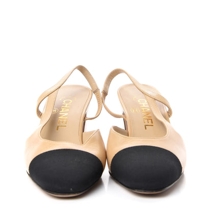 Chanel Goatskin Grosgrain Cap Toe CC Slingback Pumps 35 Beige Black 2 of 10