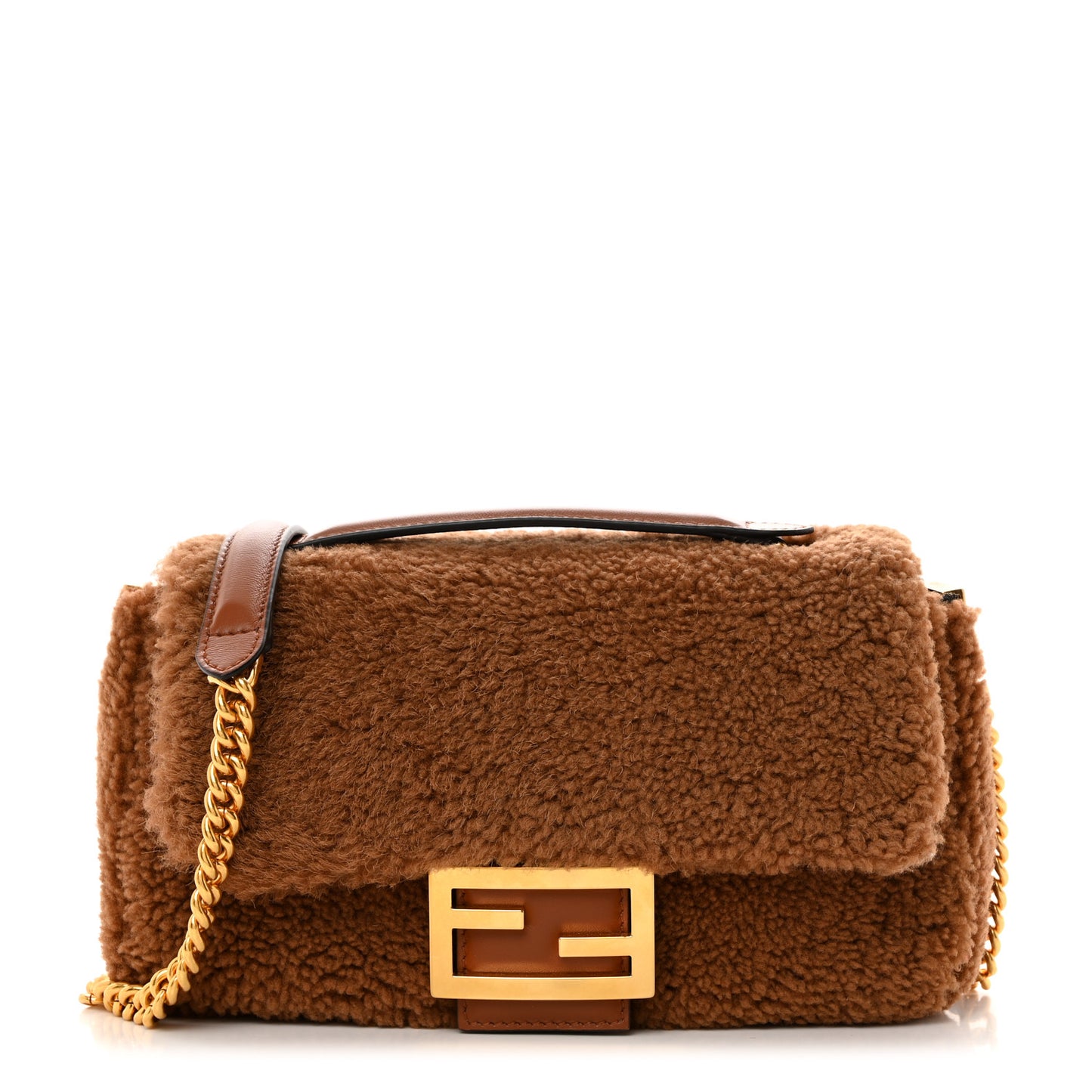 Shearling Lambskin Midi Chain Baguette Caramello