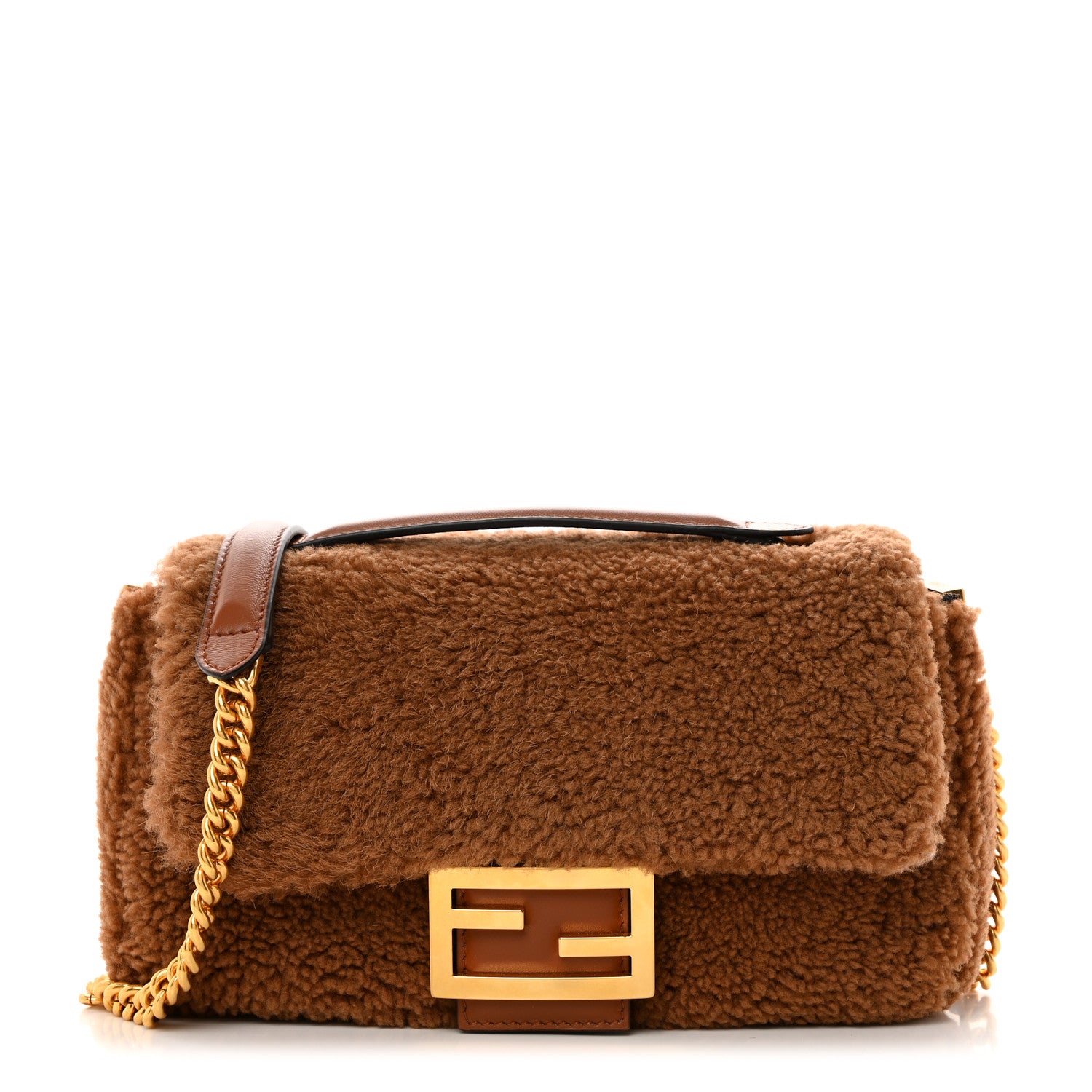 Fendi Shearling Lambskin Midi Chain Baguette Caramello 1 of 10