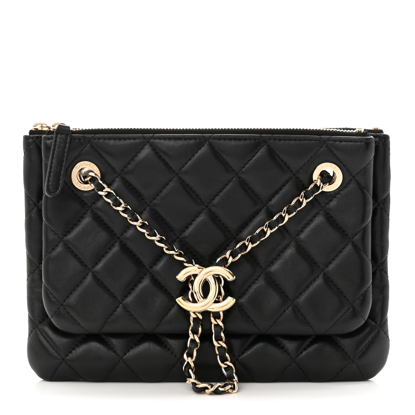 Shiny Lambskin Quilted Medium Double Case With Strap Black